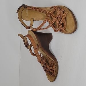 Nicole Strappy Sling-Back High Wedge Heel Sandals Dark Tan Leather 6.5 NWT